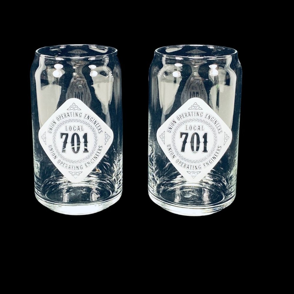 Local 701 Union Operating Engineers Set of 2 Beer Can Shape Glass Tumblers 16 oz